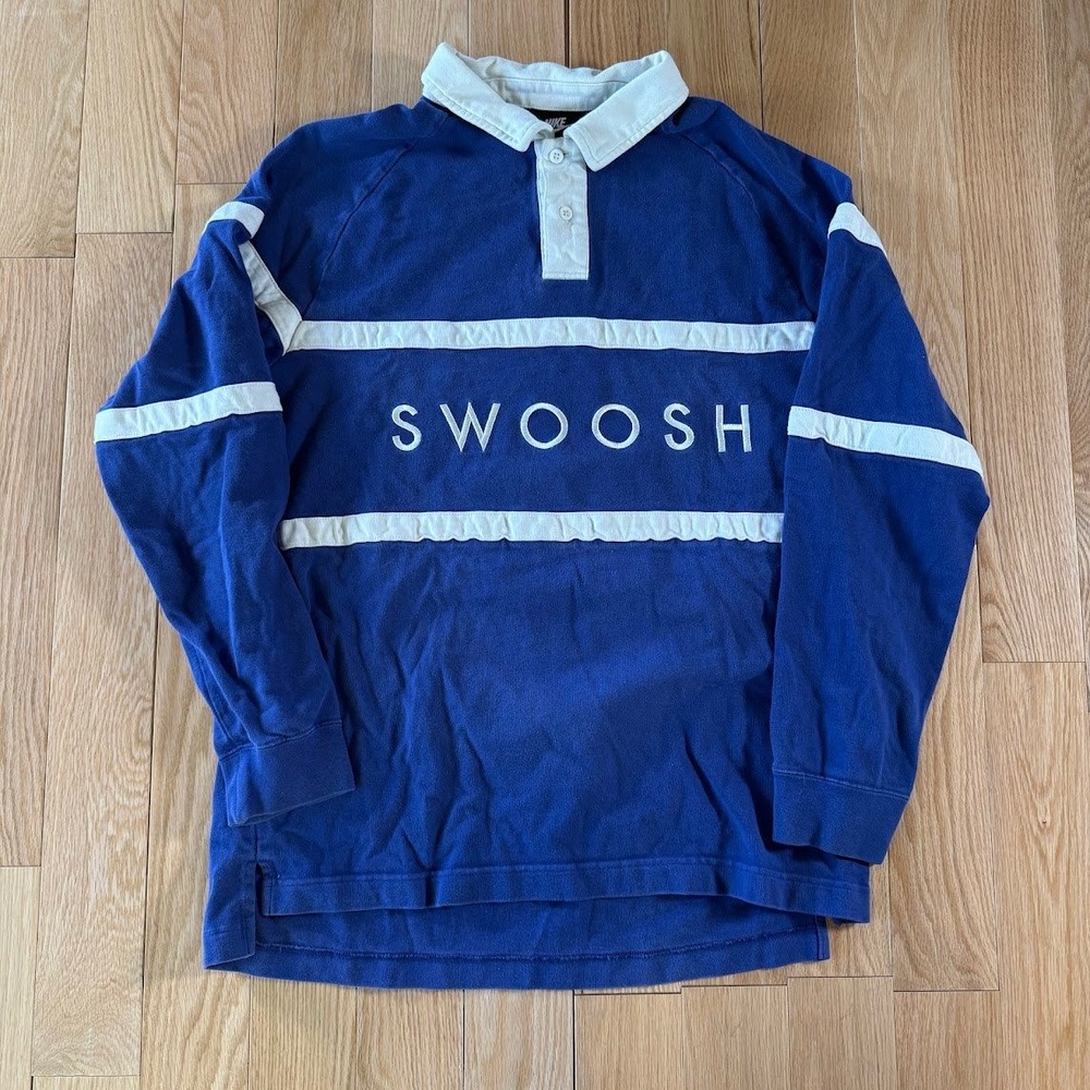 Nike Alphabet Embroidered Swoosh Spellout Blue White Rugby Polo Mens Large